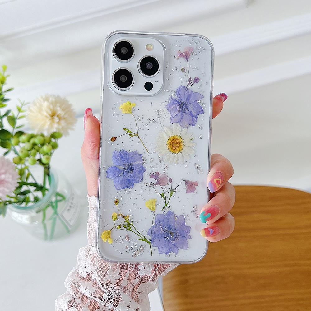 Dried Flower Silver foil Phone Cases For iPhone 17 16 15 14 13 12 11 Pro Max XS Max XR X 7 8 Plus Soft Silicone Cover