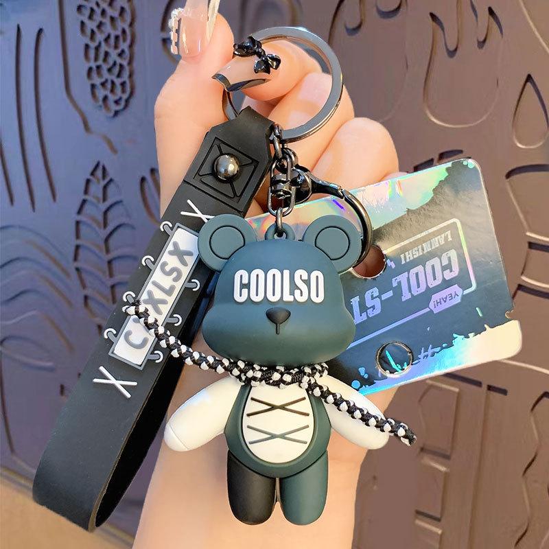 Creative Cartoon Trendy Cool Strap Bear Keychain Cute Exquisite Car Key Chain Schoolbag Pendant Gift opp bag