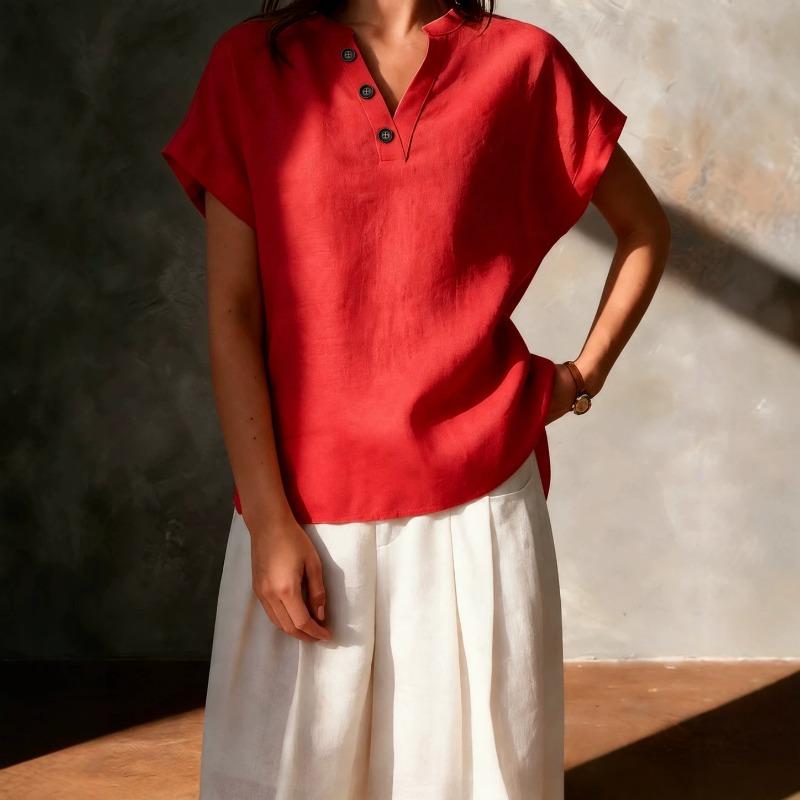 Women stand collar half button linen short sleeve shirt lightweight loose casual blouse S красный