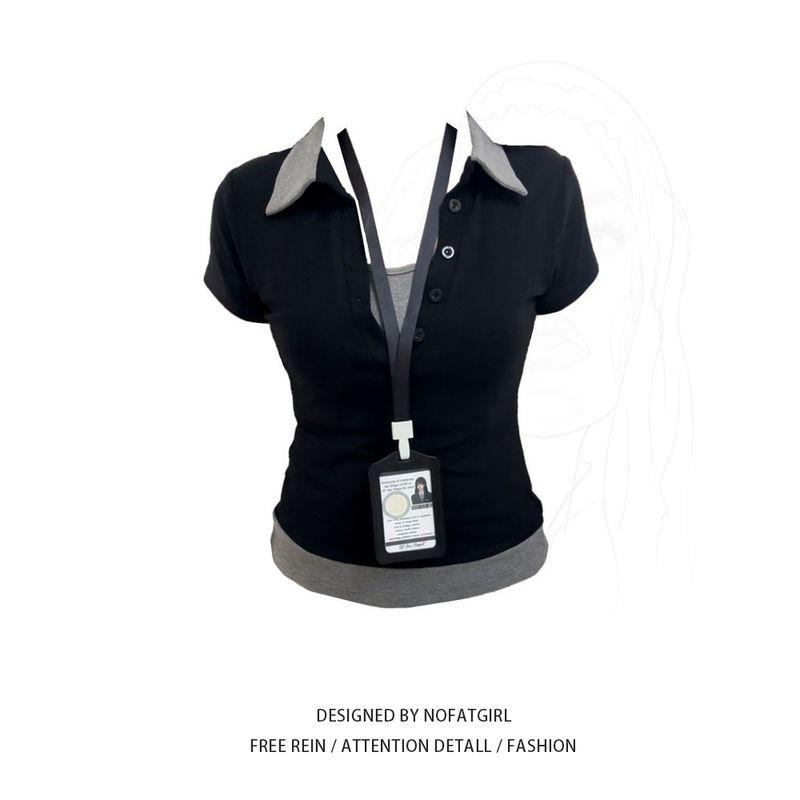 

Plus size Chubby Girl Korean Series Preppy Fake Two Pieces Lapel Short sleeve T-shirt Women Summer New Slim fit Design Sense Top Fake Two-Piece Top L