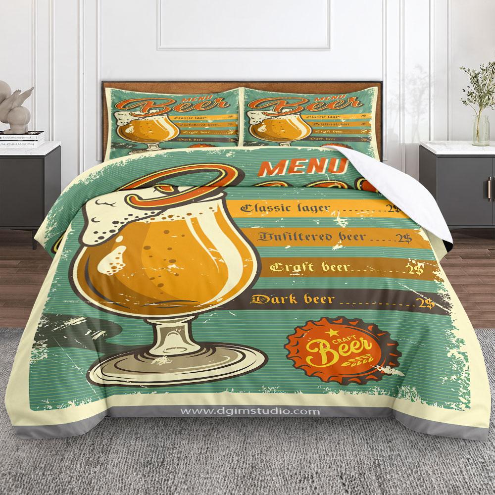 Decorative Vintage Beer Menu Glass Poster Green Duvet Cover with Pillowcases, Simple Elegance Duvet Cover Set