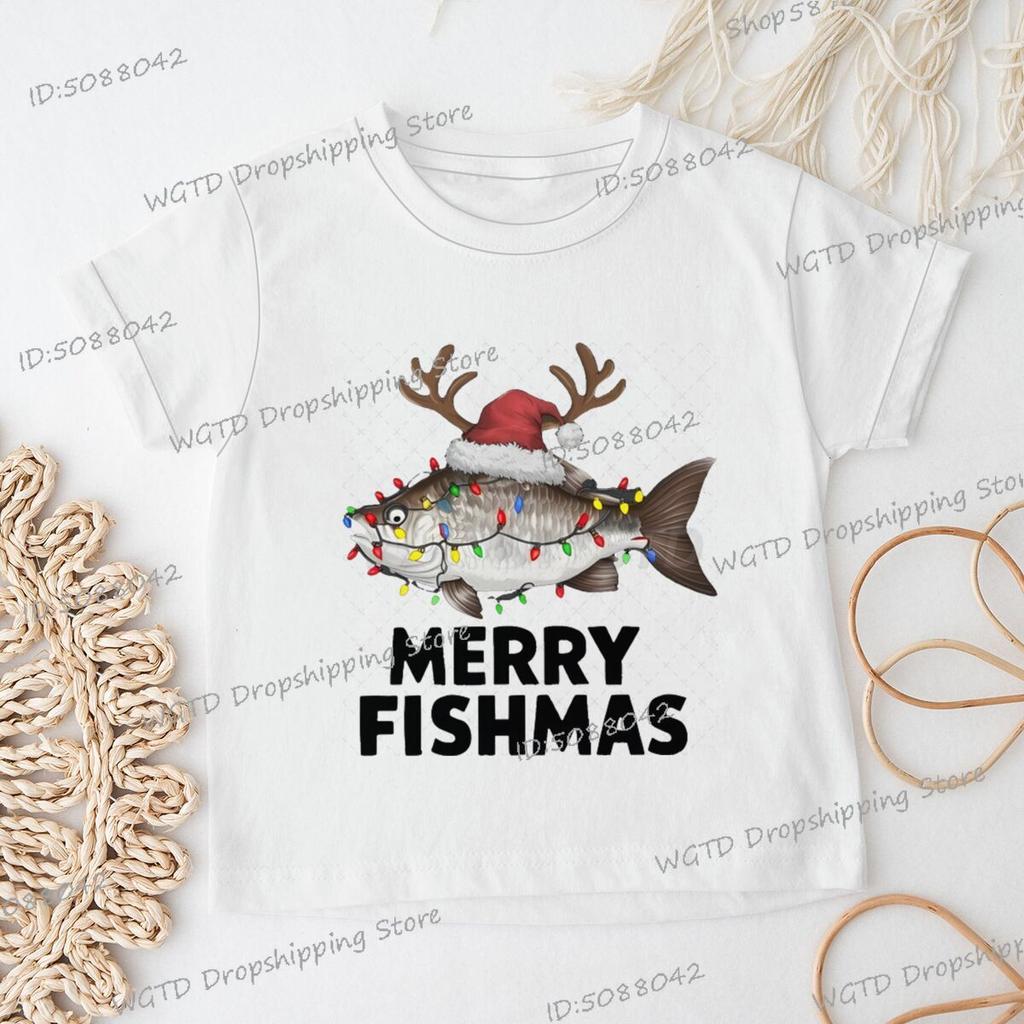 Merry Fishmas Print Christmas T-shirts Short Sleeve Boys Girls Fashion Christmas Clothes Cartoon Hip Hop Wild Xmas Tees