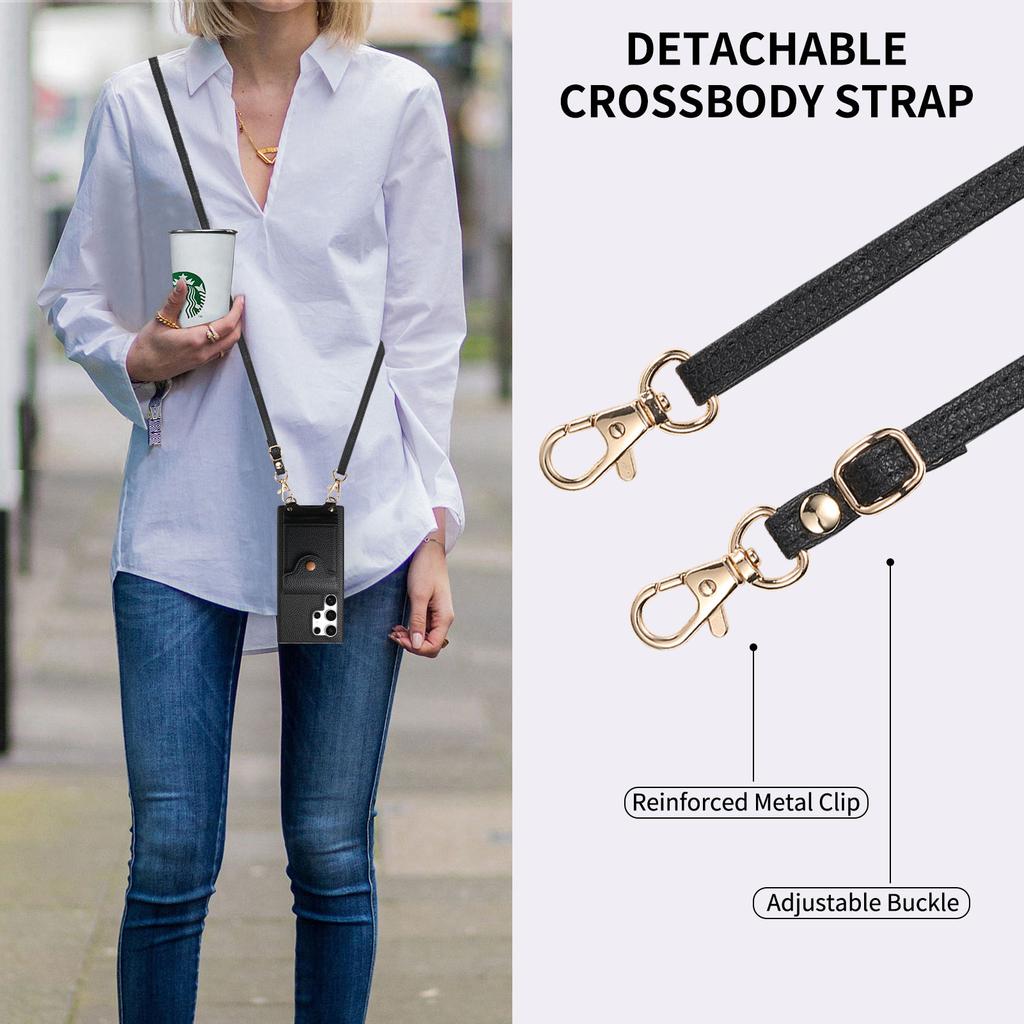 For Samsung Galaxy S25 Ultra Case Mirror Card Holder Litchi Texture Leather Phone Back Cover with Long Strap