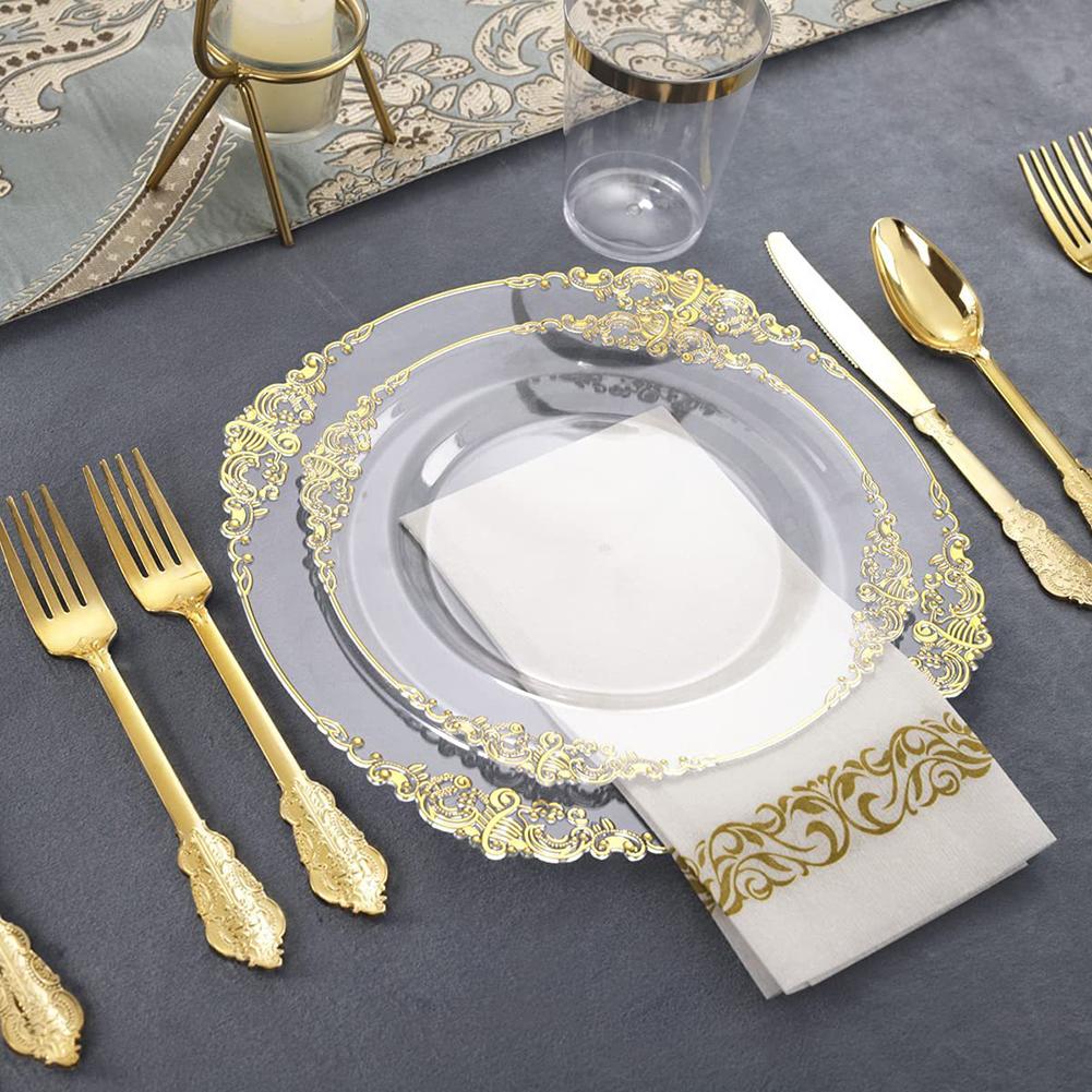 25PCS Plastic Plates Gold Disposable Dinner Plates Dessert Plates Dinnerware Kit For Wedding Party Thanksgiving