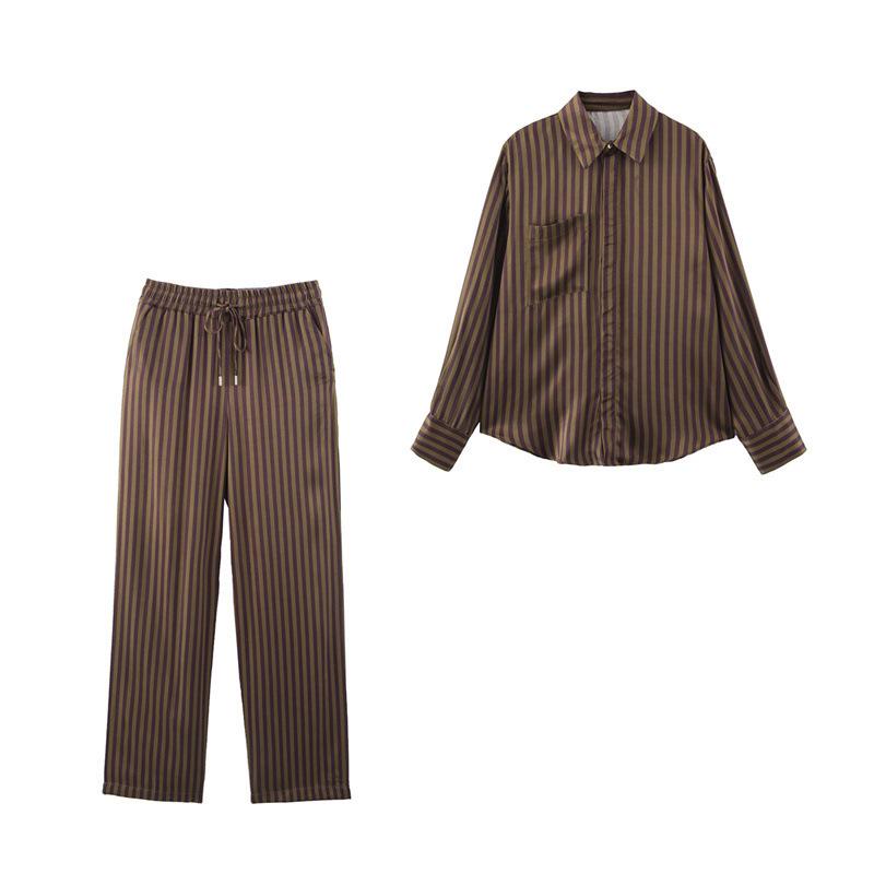 TAOP&ZA Spring/Summer Women's Striped Silk Satin Shirt and Casual Pants Set