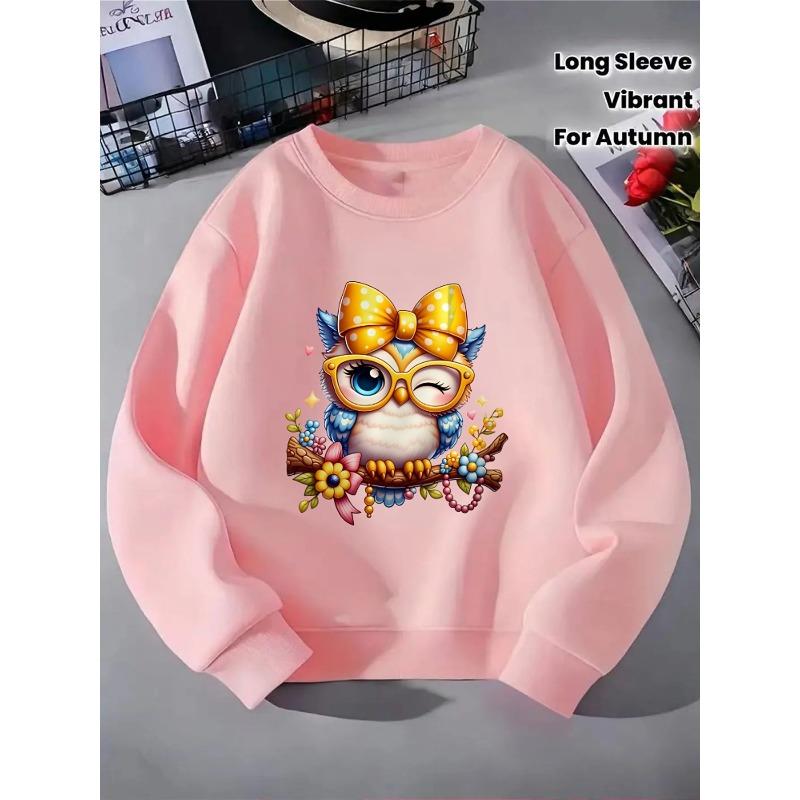 Kids Unisex Crewneck Sweatshirt, Cute Winking Owl With Yellow Polka Dot Bow Glasses Floral Branch Cartoon Print Pullover For Kids Over 4 Years Old