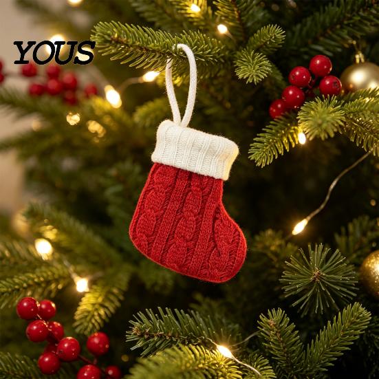 Winter Seasonal Home Decor Mini Knitted Christmas Stocking Ornaments, Knit Xmas Tree Hanging Decor, Small Indoor Holiday Party Supplies Pendants