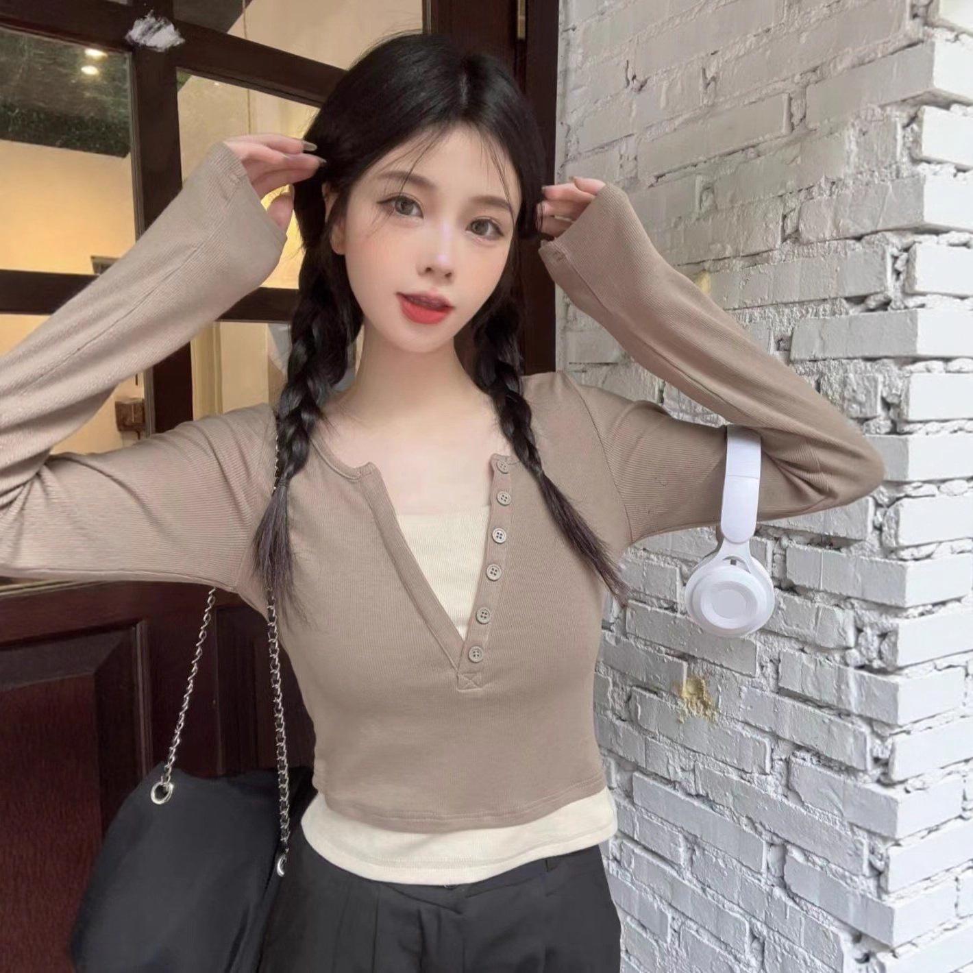 Women s Slim Fit Color Block V-Neck Long Sleeve Layered Top Medium хаки