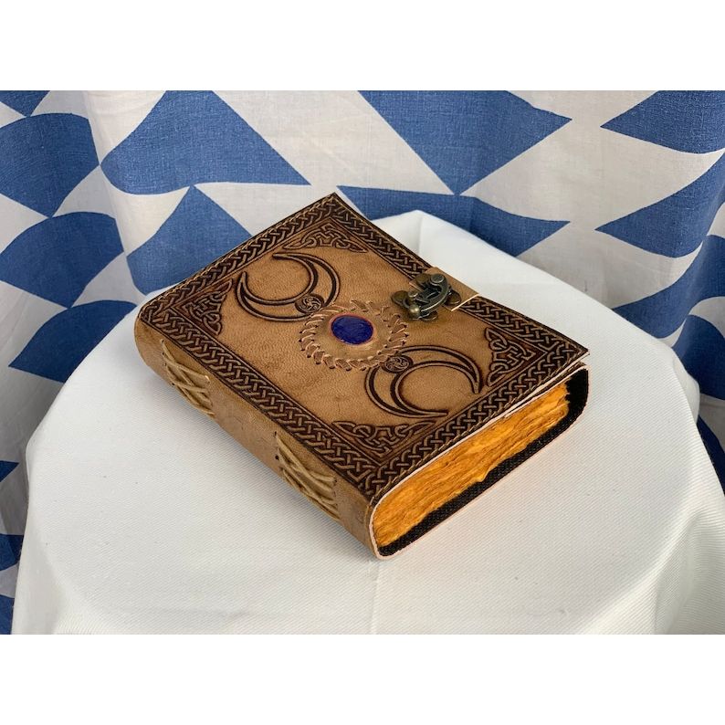 Antique Triple Moon Leather Journal with Semi Precious Stone Design, Antique Deckle Edge Paper - Book of Shadows, Grimoire Journal,