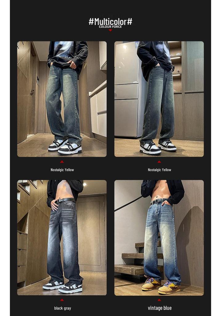 Yadu Four Seasons Washed Denim Jeans: Retro Hong Kong Style, Loose Straight-Leg Casual Pants for Men and Women (523)