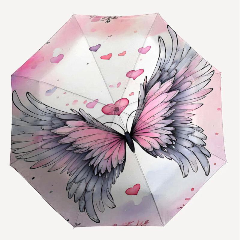 1pc Wings Hearts Automatic Open/Close Umbrella Compact Folding Umbrella with 8-Rib Shaft for Women/Men, Elegant Birthday1190S