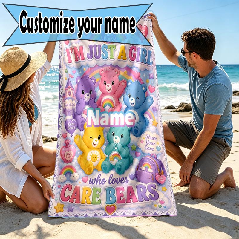 Custom Name Personalized Care Bears Print Beach Towel, for Trip Camping Beach Party Home Decor, Birthday Gift for Family & Friends