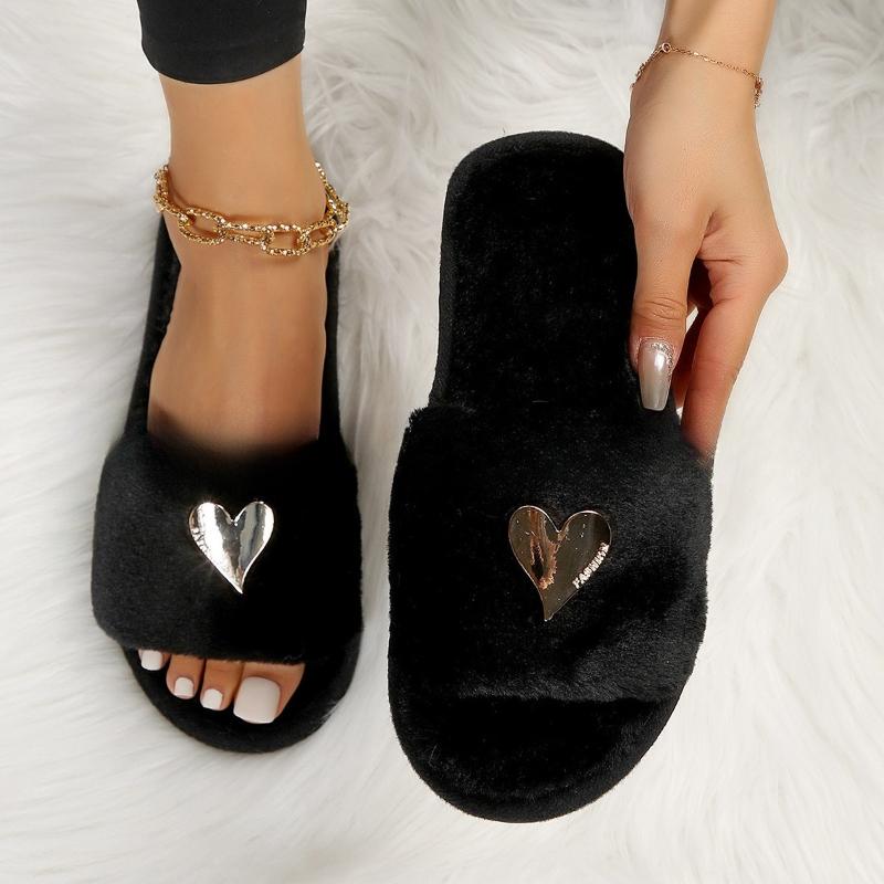 New High-end Fashion Love-decorated Plush Slippers for Women with Open Toes Soft and Comfortable, Lightweight, Suitable for Bedroom, Living Room, Home