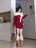 Women's Red Off-Shoulder Long Sleeve Knit Dress - Christmas Bow Detail, Hip-Hugging Short Skirt for Autumn/Winter