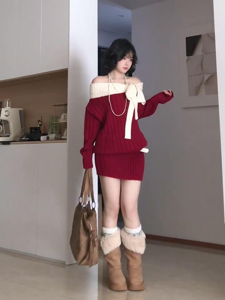 Women's Red Off-Shoulder Long Sleeve Knit Dress - Christmas Bow Detail, Hip-Hugging Short Skirt for Autumn/Winter