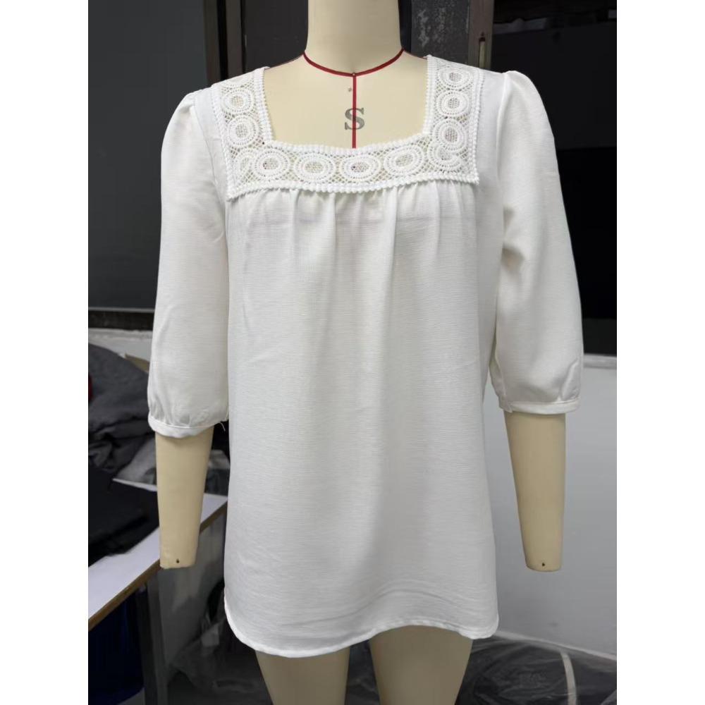 Dames Zomer Effen Kleur Casual Vierkante Hals Kant Ingezet 3/4 Mouw Top