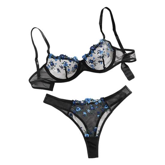 2Pcs/Set Sexy Floral Embroidered Bra Briefs Set Adjustable Straps Cut Out Unpadded Underwear with Mid-Rise Panties