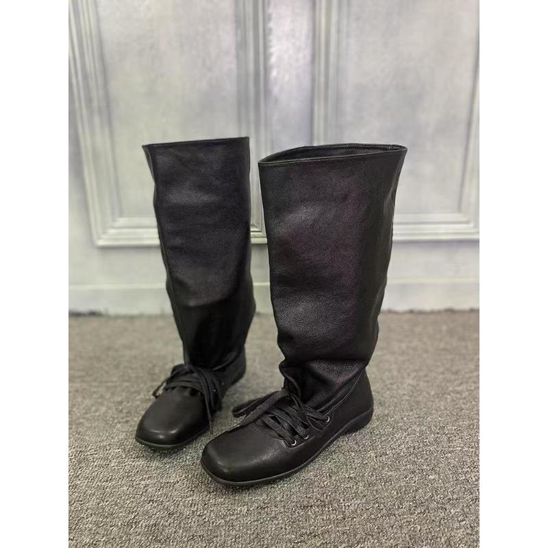Vintage western pile boots women's autumn new soft leather lace-up pleated medium tube boots sleeve thin boots
