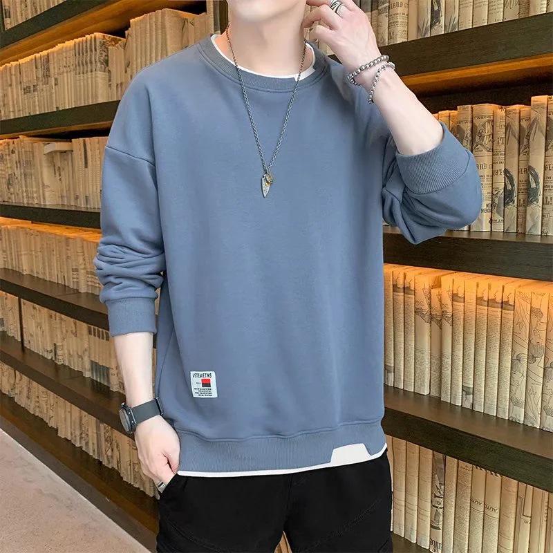 Men's Korean Style Loose Round Neck Long Sleeve Sweatshirt - Fake Two-Piece, Plus Velvet, Versatile Trendy Autumn/Winter Fashion Top