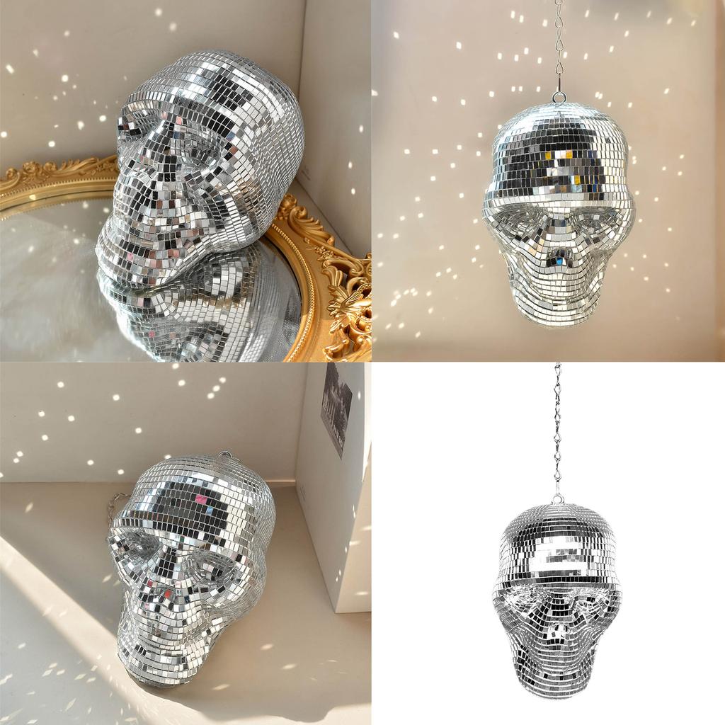 Reflective Mirrored Skull Head Ornament Hanging Chain Discos Balls Pendant for Halloween Parties and Unique Home Decors