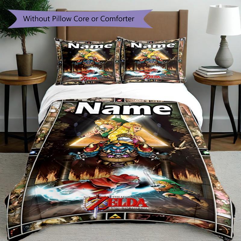 3pcs Duvet Cover Set (1*Duvet Cover + 2*Pillowcase, Without Core), Custom Name The Legend of Zelda Pattern Bedding Set, Home Bedroom Decor Gift