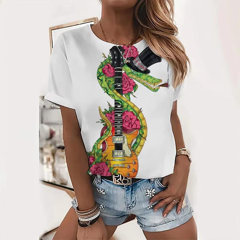 Summer Guitar Instrument Floral 3D Print T-Shirts Women Casual Short Sleeve Round Neck T Shirt Harajuku Tees Top Female Clothing