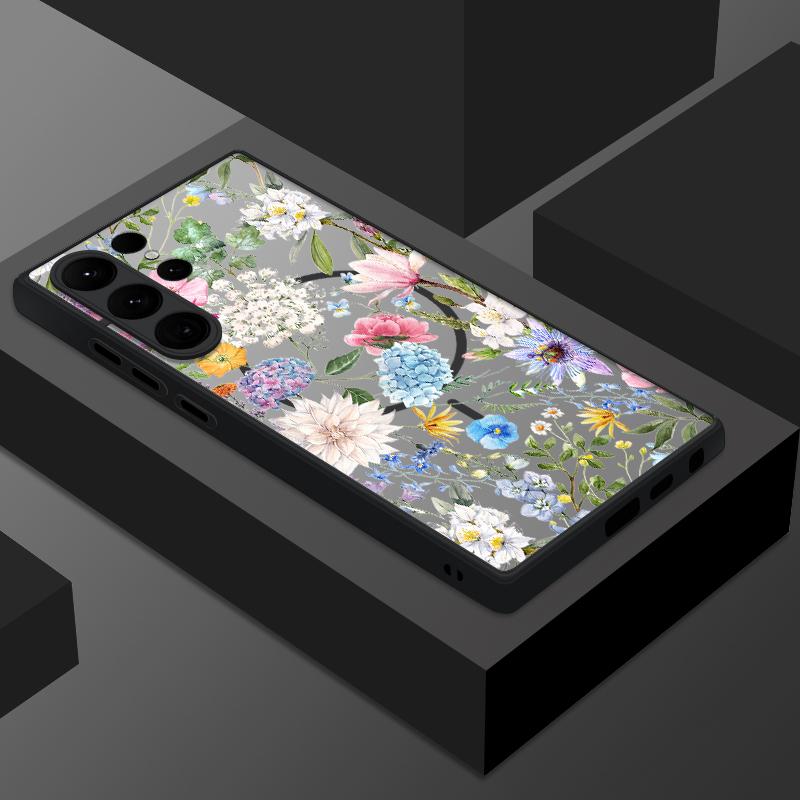 Floral Print Matte Clear Phone Case For Samsung S25 Ultra S24 FE S23 Plus S22 S21 Wireless Charge Magnetic Hard PC Shockproof Soft Edge Bumper Cover