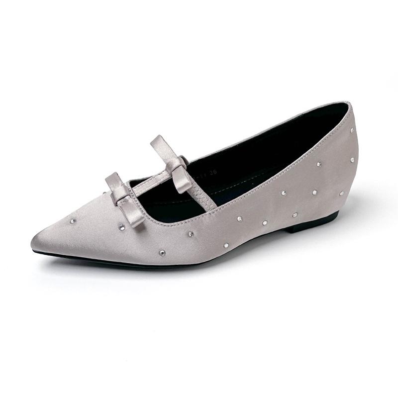 Ou Ruofeng inner height-increasing shoes women's 2025 spring new black bow temperament socialite pointed rhinestone flat shoes