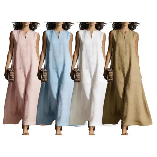 Summer Sleeveless Dress for Women Casual V Neck Long Tank Dress Flowy A-line Beach Sundress with Pockets