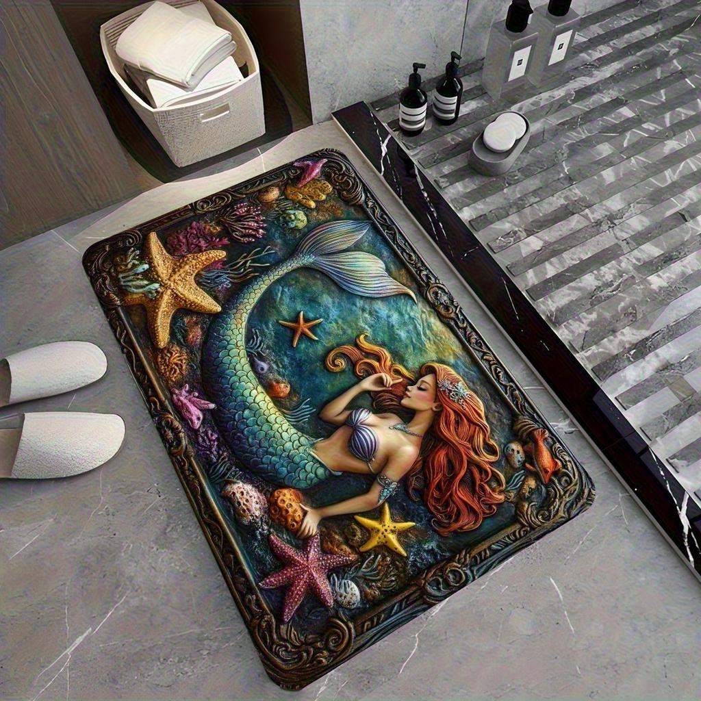 Elegant Mermaid Bathroom Mat – Super Absorbent Non-Slip Quick-Dry Rug for Bath, Kitchen & Underwater-Themed Home Decor