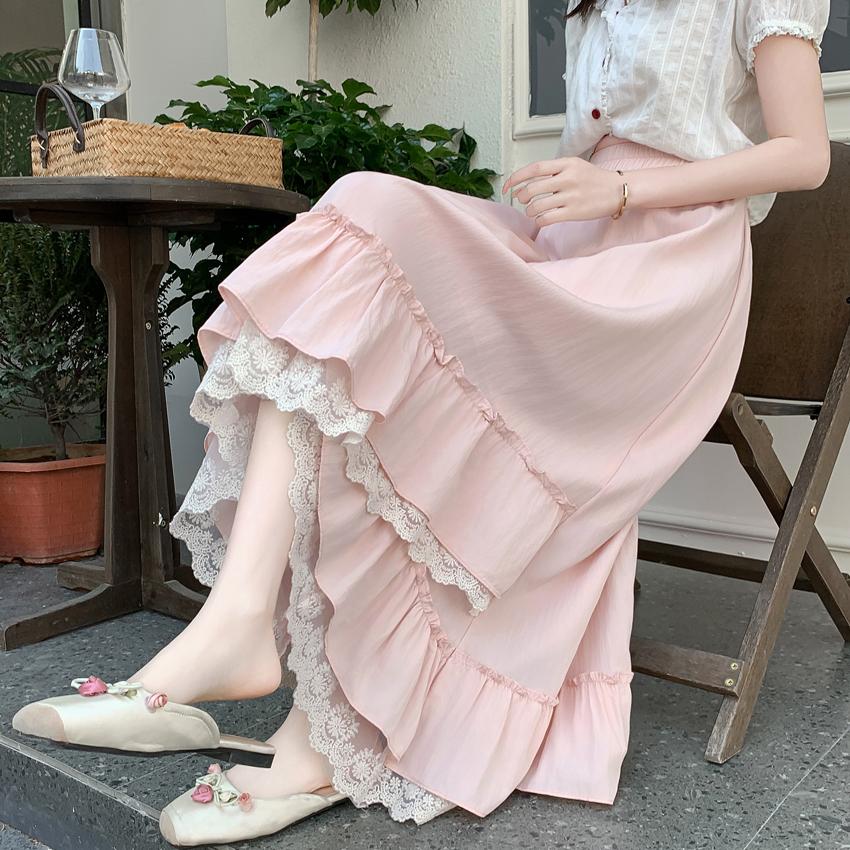 Elegant Lace Trim A-Line Skirt – Summer Women's Asymmetrical Flared Hem Maxi Swing Skirt with Draped Sweet Design