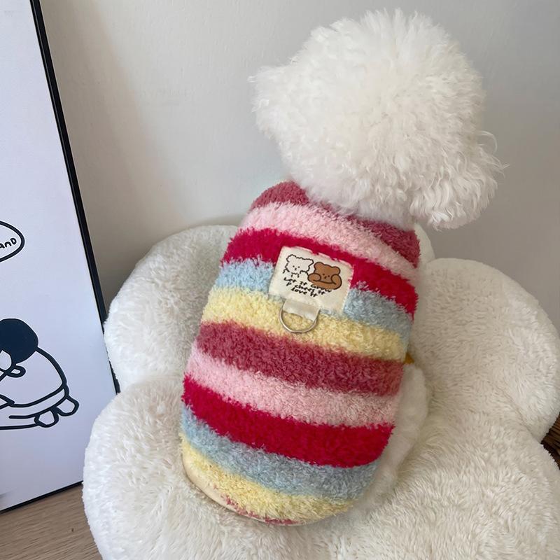 Dog fleece clothes autumn and winter rainbow candy striped than bear cat teddy small dog warm pet vest