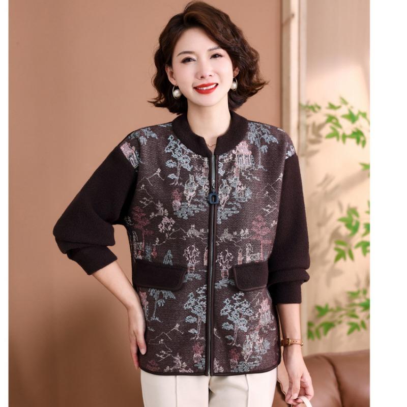 New middle-aged and old women's clothing with clothes printed large-size jacket, middle-aged mother autumn and winter knitted jacket