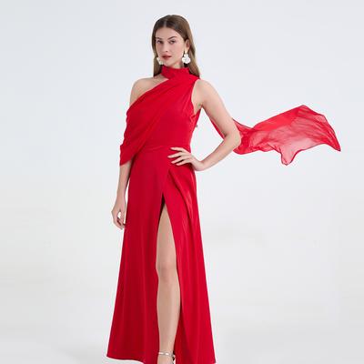 Sexy Off-the-Shoulder Patchwork Halter-Neck High-Waisted Slit Dress Women's Elegant and Flowing Slit Evening Gown Summer Dress