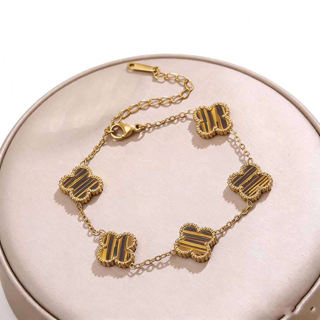 Premium Glück Titanium Stahl Vierblättriges Kleeblatt Armband & Halsketten Set - 13MM Zweiseitige Gold Schlüsselbein Kette für Eleganten Stil