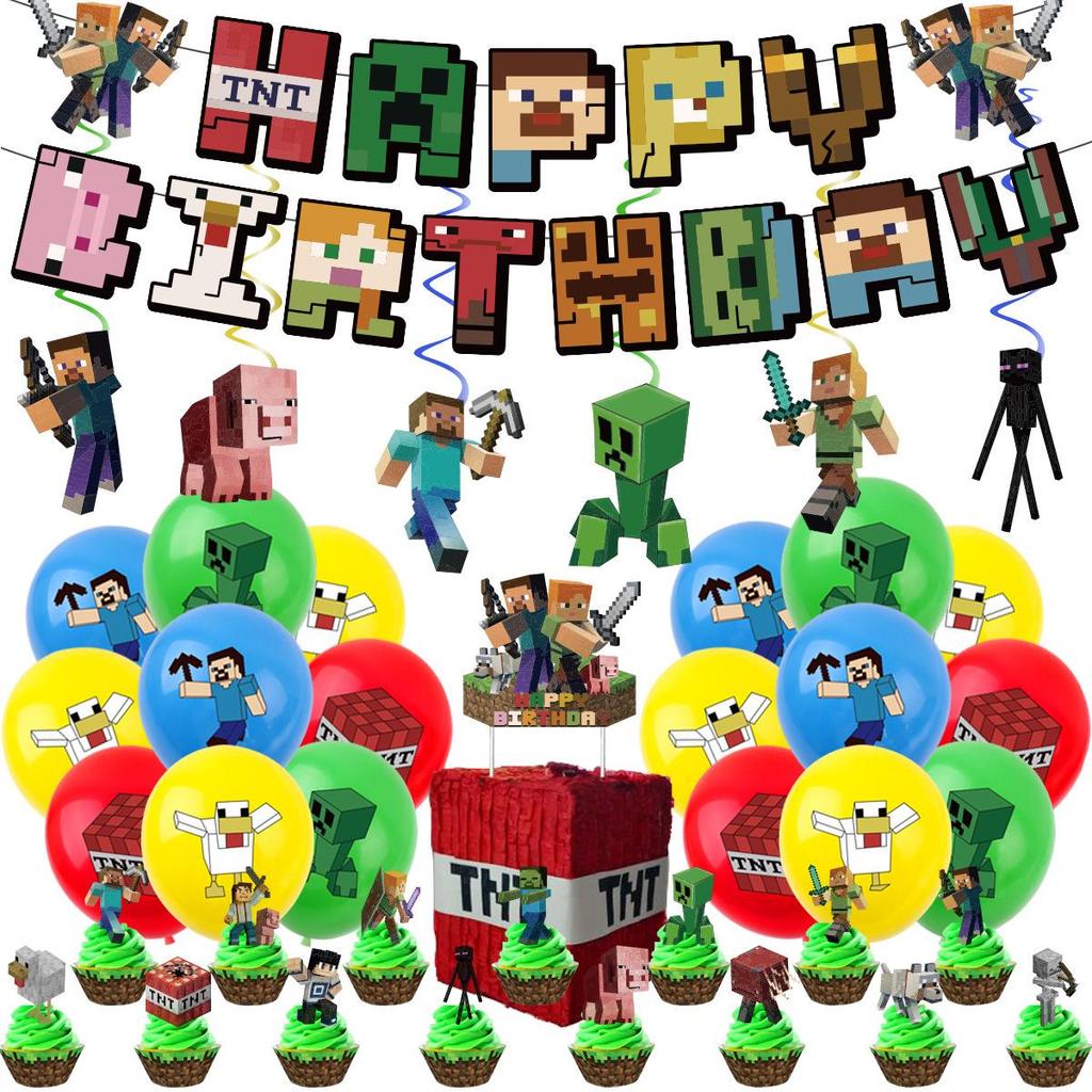 Minecraft Birthday Party Balloon and Cake Decoration Set with Banner