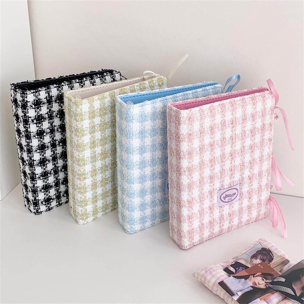 Simple Woolen Lattice Po Album With 10Pcs Sleeves Kpop Bandage Ribbon Binder Pocards Collect Book Postcards Storage Book