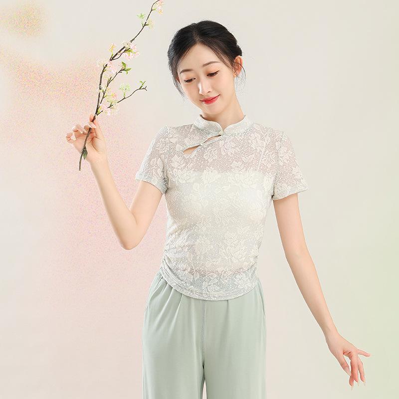 

Топ для танцев с коротким рукавом в китайском стиле, облегающий, для этнических и современных танцев Medium