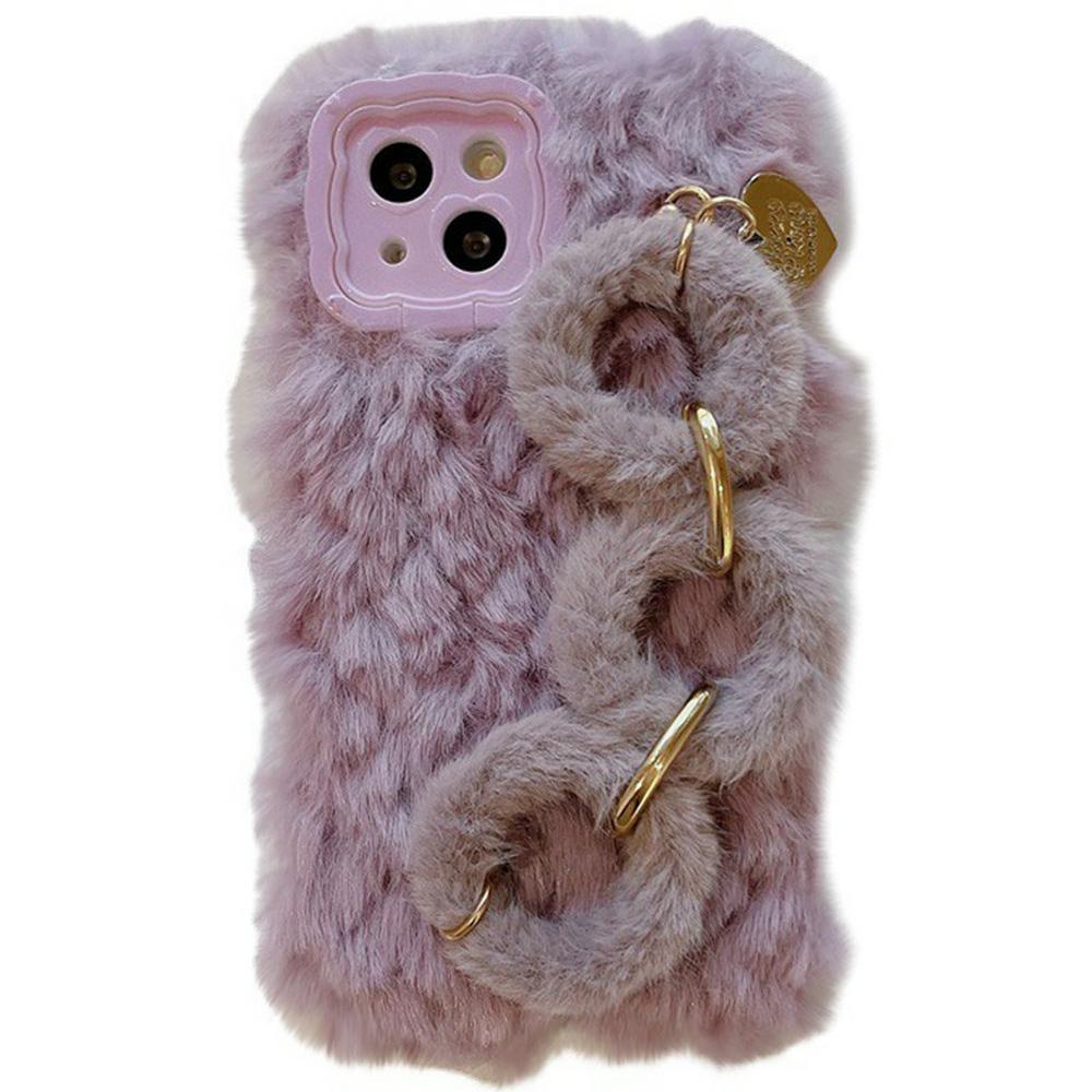

For iPhone 14 Case Lens Kickstand Furry Silicone Phone Cover with Chain Bracelet A