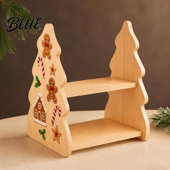 Holiday Home Decoration Christmas Tree Shaped Wooden Storage Shelf 2‑Tier Desktop Display Rack with Table Centerpiece Xmas Stickers Rustic