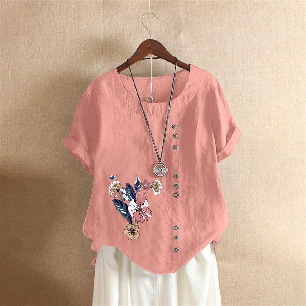 Letnia oversize'owa bawełniano-lniana koszulka z krótkim rękawem, Bawełniano-lniana drukowana oversize'owa odzież damska
