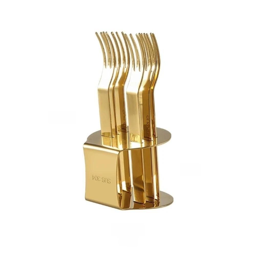 High Appearance Stainless Steel Fruit Fork Set with Stand Reusable Dessert Fork Three Toothed Portable Cake Fork Cake