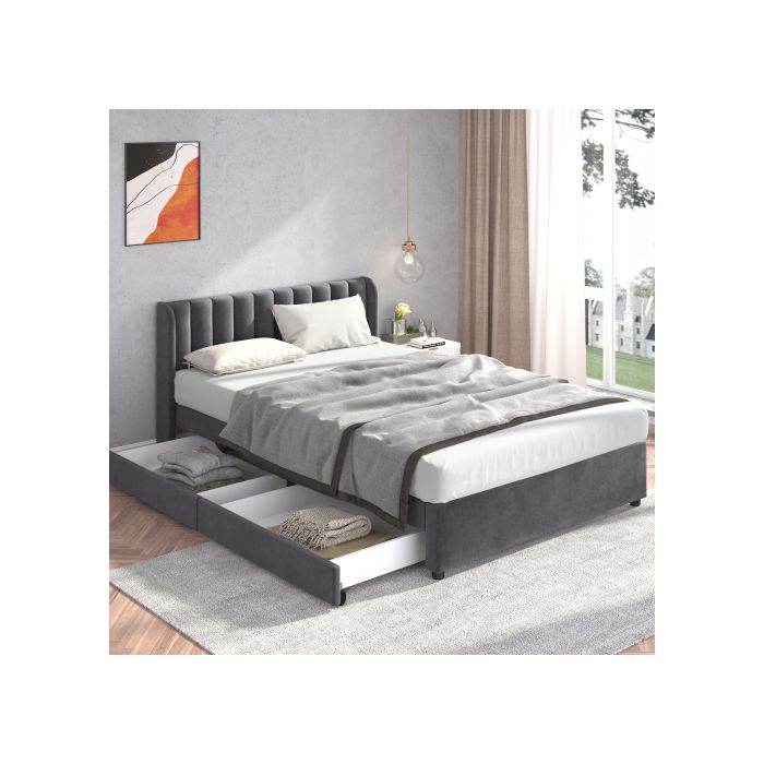 Lit 140x200 cm - MUVOE - Velours gris - 2 tiroirs - Sommier à lattes - Design contemporain