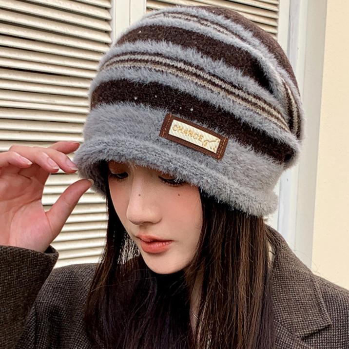 Autumn and Winter Hat Women's Striped Knitted Hat Warm Windproof Cold Hat