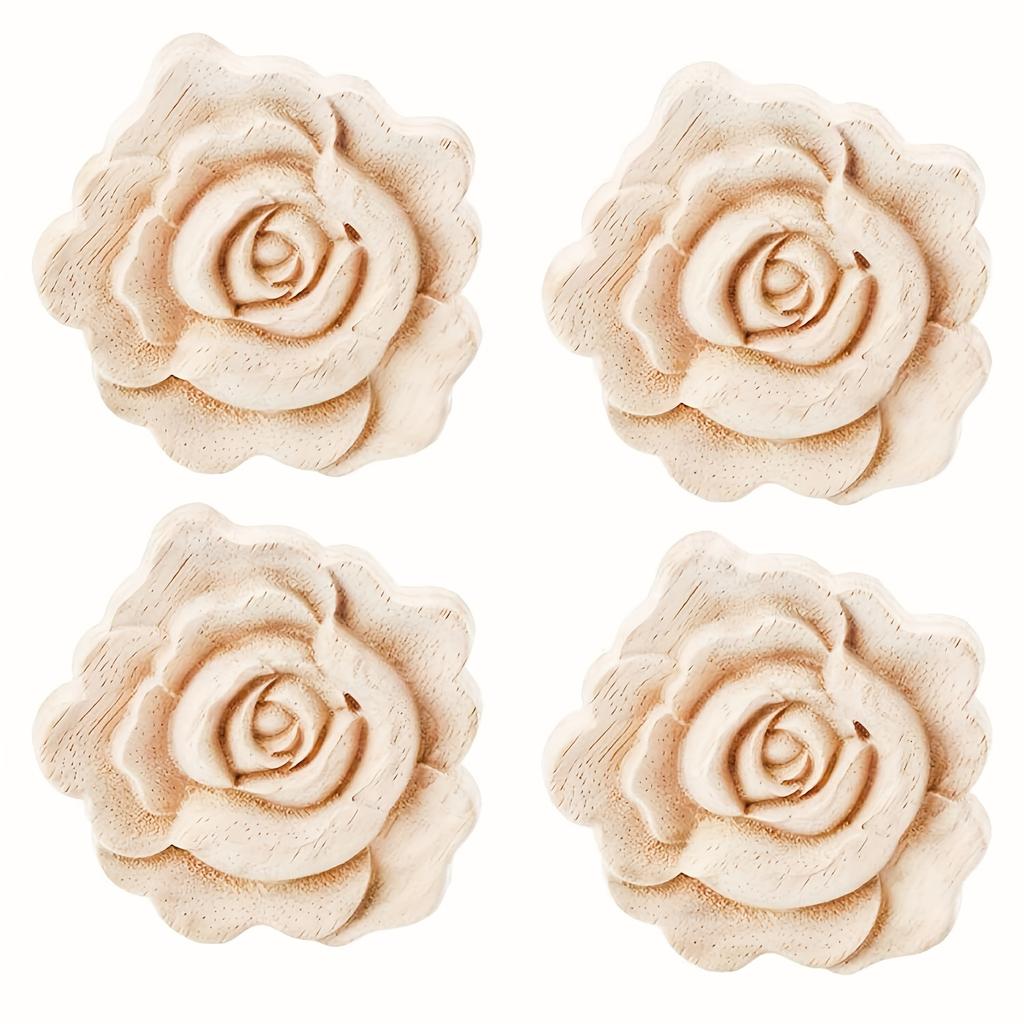 4 Pcs Carved Wood Appliques Onlays,Unpainted Flower Shape Wood Carved Applique Frame Onlay for Cabinet Door Bed Wardrobe Furniture Decoration
