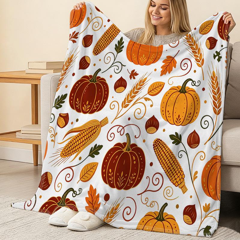 Lightweight Flannel Blanket Autumn Pumpkin Print Soft Fuzzy Throw, Warm Cozy Home Decor Blanket for Couch, Bed, Fall Season, Enhance Cozy Vibe