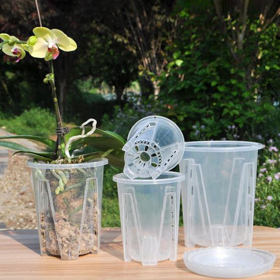 Clear Orchid Pot Breathable Flower Pot with Saucer Plant Pot with Side Ventilation Holes Drainage for Phalaenopsis Healthy Growth