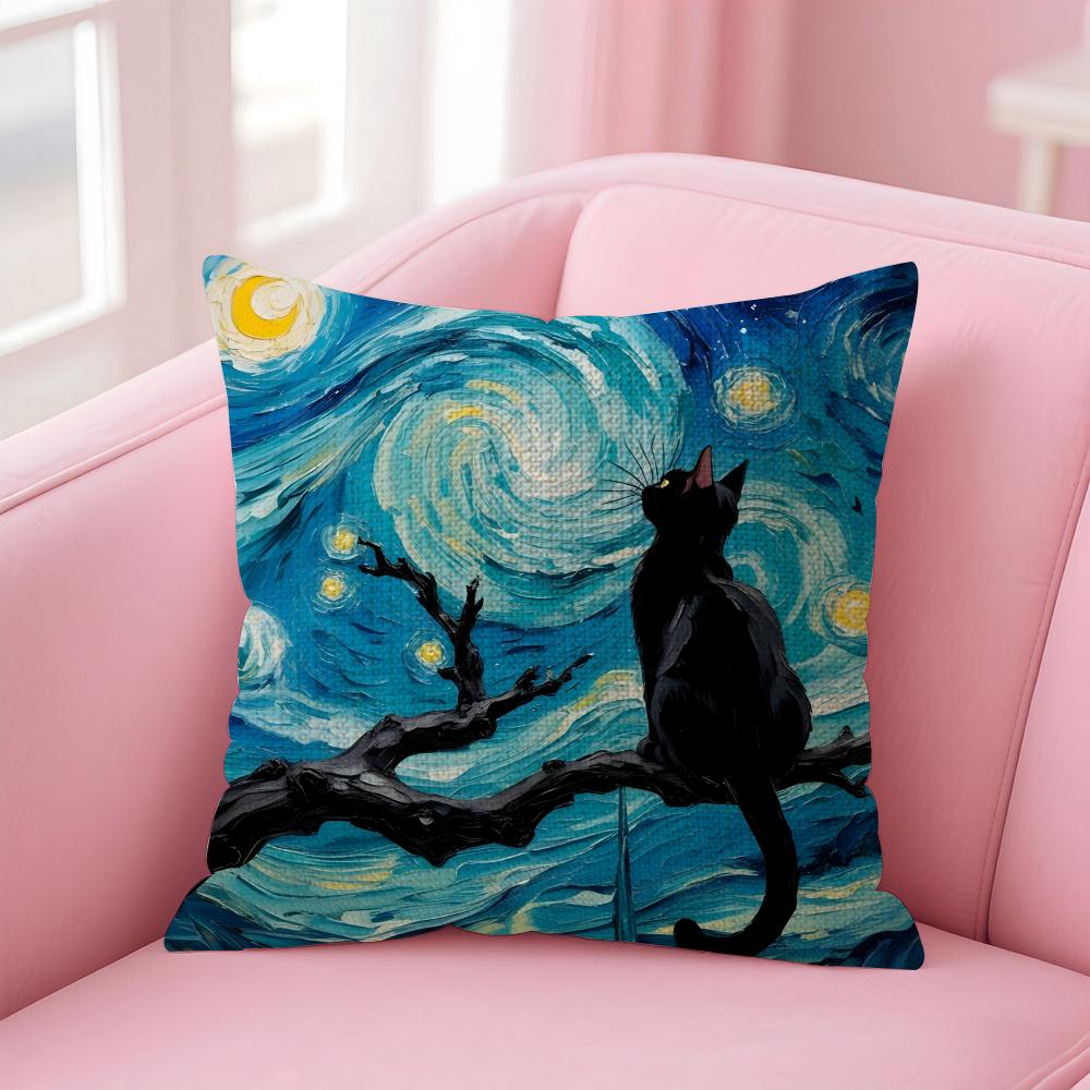 The Starry Night Cat Cushion Cover Natural Linen Pillow Case Double-Sided Print Decorative Sofa Pillowcase Home Decor Gift
