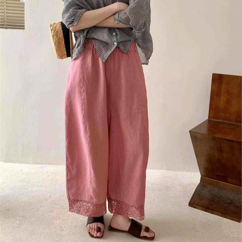 Johnature Japanese Vintage Lace Patchwork Pants Women Casual Simple Loose Pants Summer
