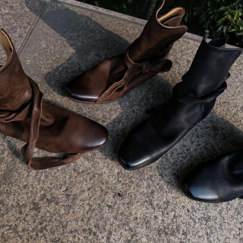 Cowhide version niche minimalist and comfortable leather boots Martin boots women's retro old round head bow wrap with short boots